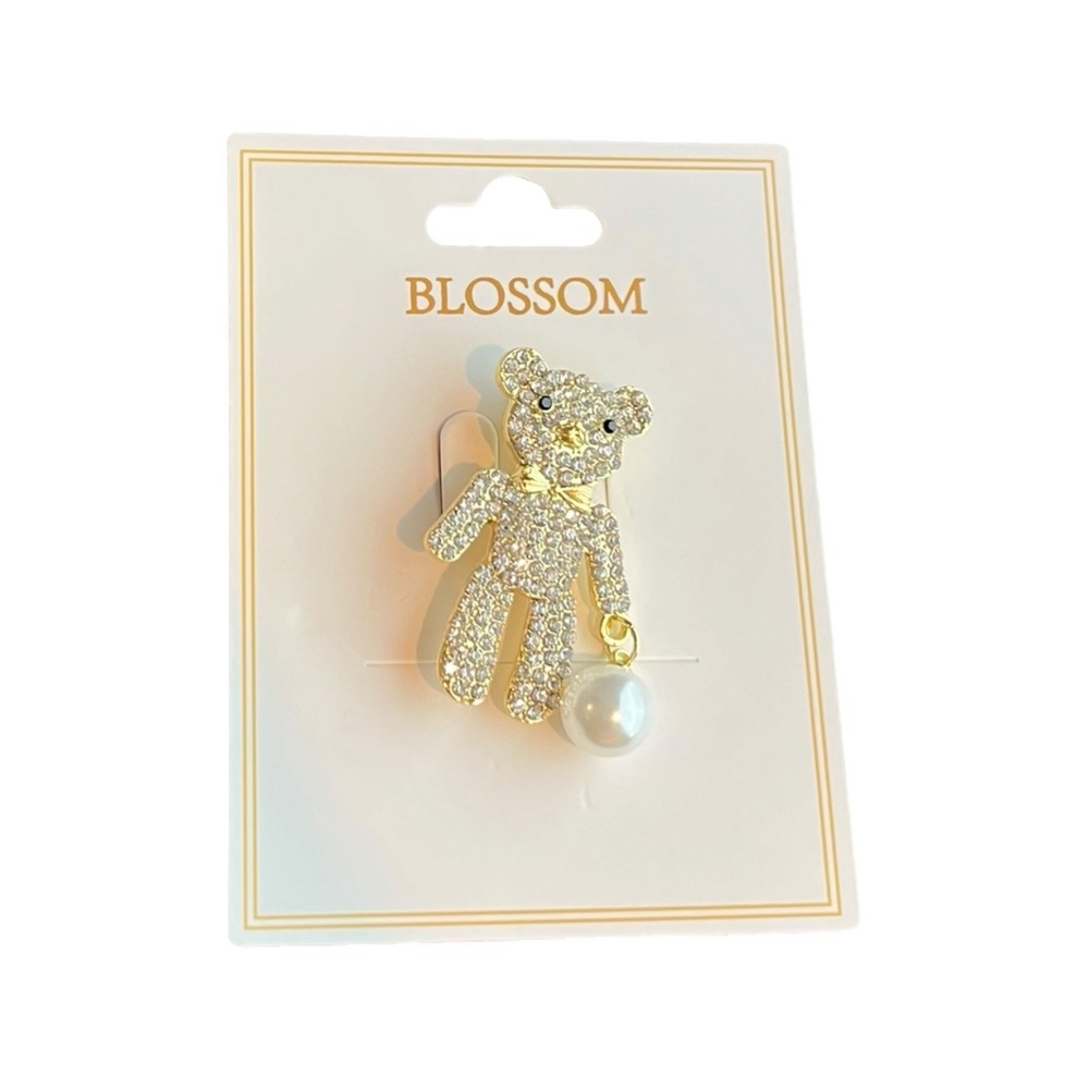 BLOSSOM Women's Gold Rhinestone Teddy Bear Brooch Pin w/ Pearl Accent 1.5"